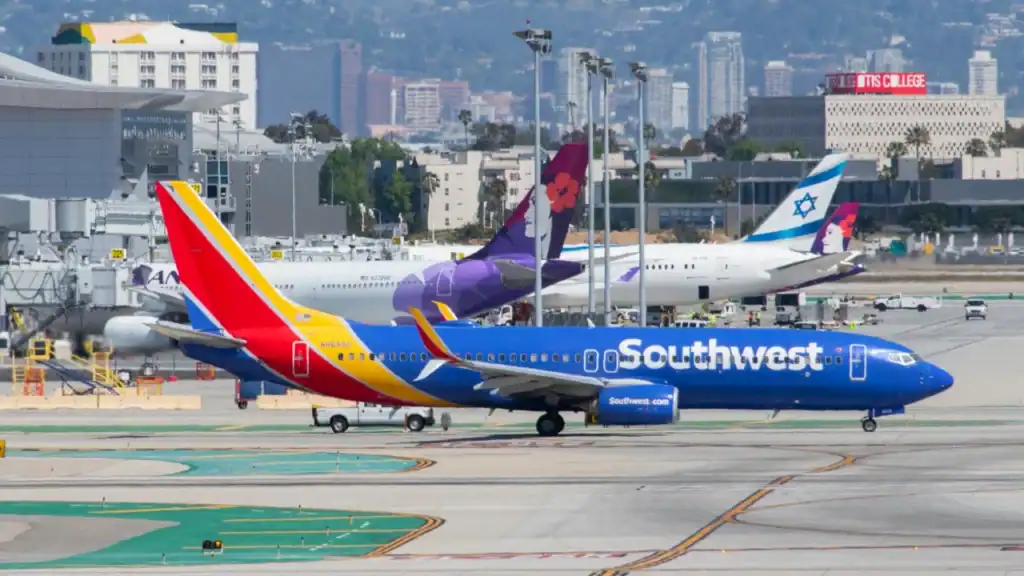 Southwest Airlines aircraft on the runway with other planes at a busy airport, highlighting airline operations and aviation safety.