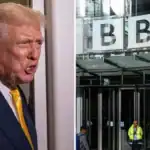 Former President Donald Trump involved in a legal dispute related to a BBC lawsuit, with the BBC headquarters visible in the background.