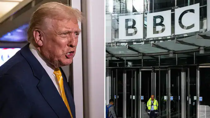 Former President Donald Trump involved in a legal dispute related to a BBC lawsuit, with the BBC headquarters visible in the background.