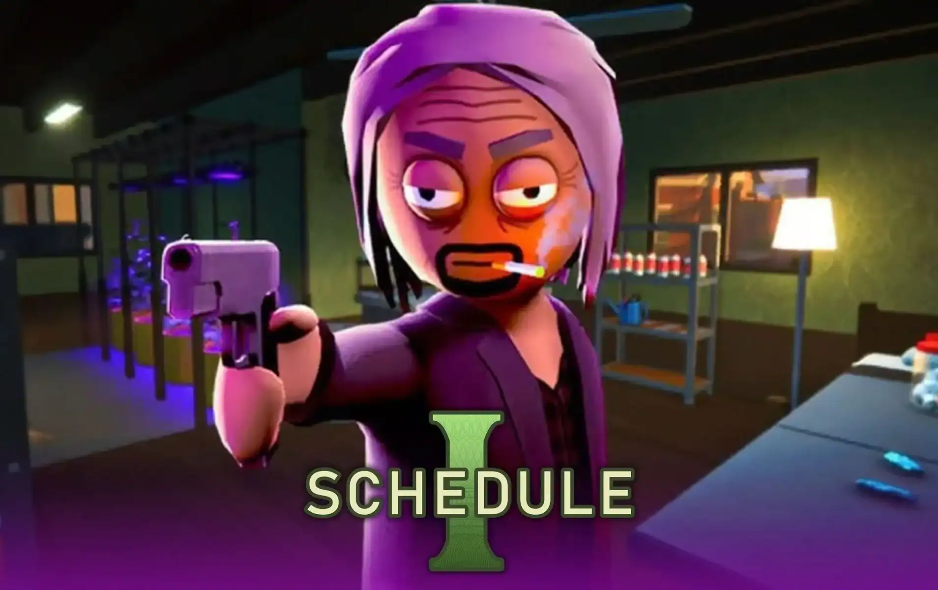 Digital cartoon character holding a gun with the text "Schedule 1" for legal or lawsuit-related content.