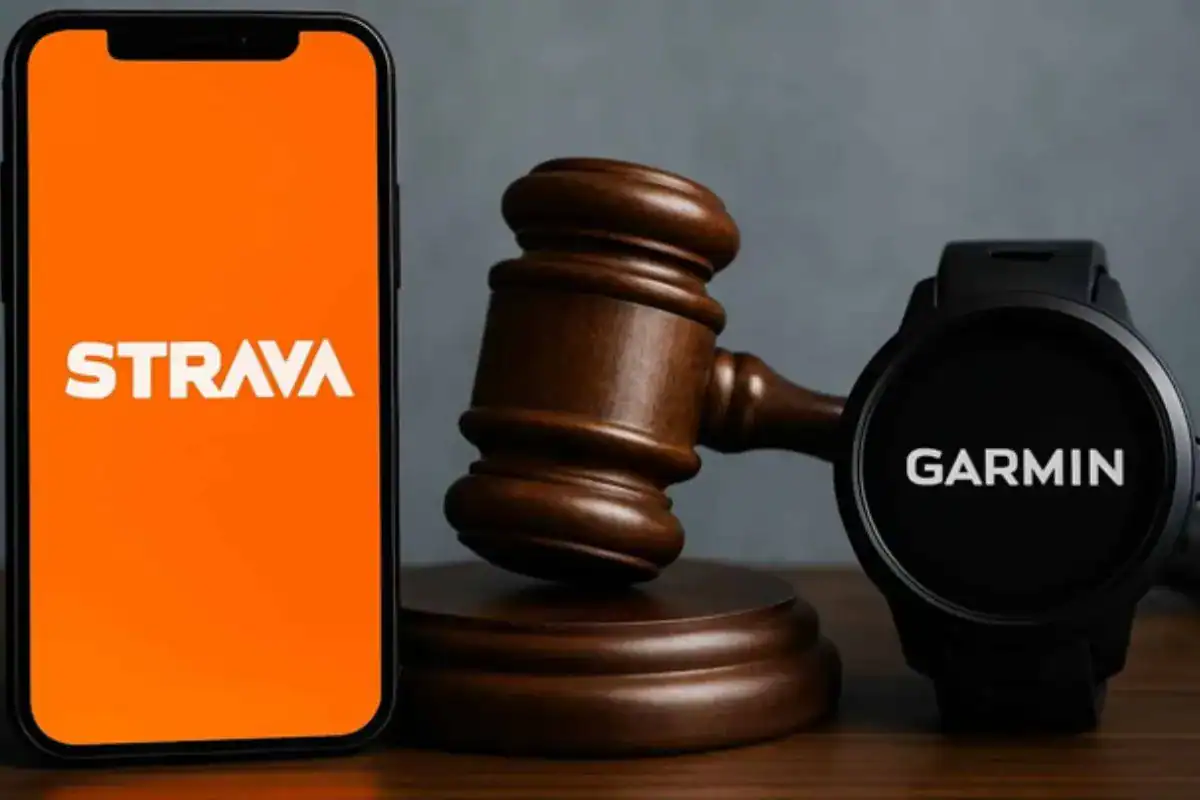 Image showing a smartphone with the Strava app logo, a gavel, and a Garmin smartwatch, symbolizing a legal dispute involving fitness tracking companies.