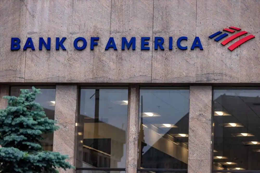 Exterior view of the Bank of America office building, highlighting the company's logo on the facade, relevant to mortgage records and legal issues.
